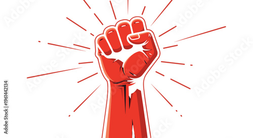 Red fist raised in protest with radiating lines symbolizing power and revolution