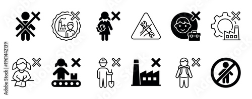 Collection of black and white prohibition icons illustrating various restrictions on work, child labor, and specific occupations, presented in a clear, modern, flat design style