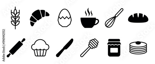 Set of black breakfast food icons featuring a croissant, coffee cup, pancakes, bread, egg, and baking tools like a whisk and rolling pin in a minimalist graphic style