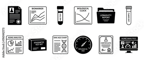 Biological age and longevity icon set showing diagnostic tools like epigenetic tests, DNA charts, biomarker analysis, and lab samples for health analytics and scientific reports