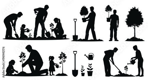 Diverse silhouettes of people planting trees and watering plants in various poses