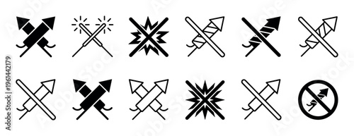 Set of black firework icons featuring rockets, sparklers, and pyrotechnic explosions in both solid glyph and thin line art styles, including various prohibition and warning signs