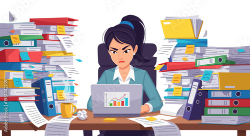 Overwhelmed businesswoman struggling with excessive paperwork and workload at desk