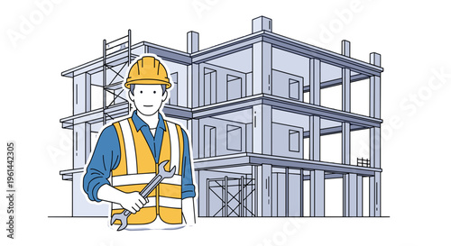 Construction worker with wrench stands in front of unfinished building