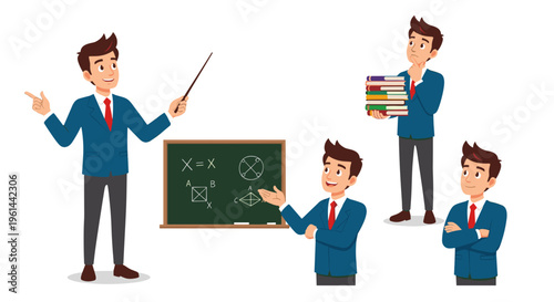 Teacher in blue suit demonstrating lessons with pointer and books isolated