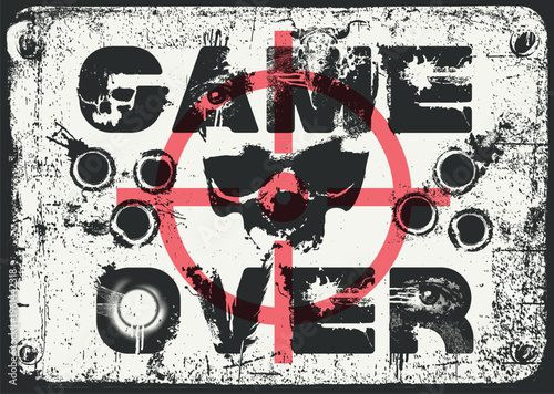 Vector lettering "Game Over" in an urban grunge font featuring human eyes and human skulls, optical sight and bullet holes. Street art. Suitable for posters, album covers, and t-shirts.