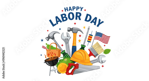 Happy labor day celebration with assorted tools american flag and festive elements