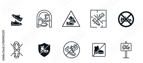 Collection of black no shoes icons showing various footwear prohibition signs and symbols in a minimalist glyph style for public area rules and safety regulations