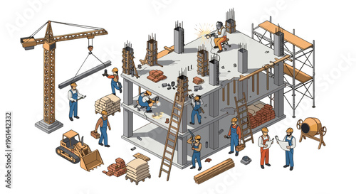 Construction workers building concrete structure with crane bulldozer and cement