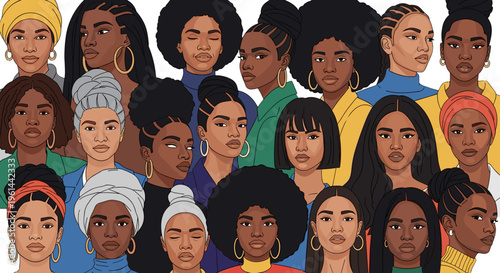 Diverse group of black women with various hairstyles and headwraps celebrating