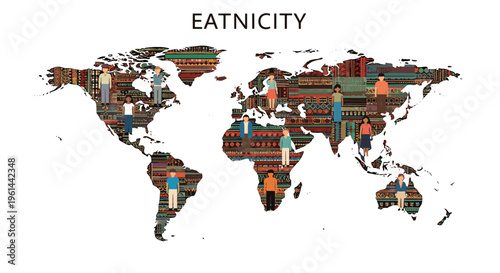 Global map illustrating diverse ethnicities and cultural unity across continents