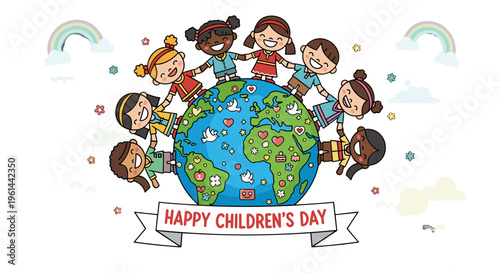 Diverse children holding hands around planet earth celebrating global unity