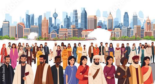 Diverse group of people in traditional and modern clothing standing in front