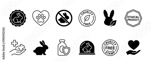 Collection of black cruelty-free icons representing ethical products, no animal testing, vegan labels, and natural cosmetics in a minimalist flat vector design style for packaging