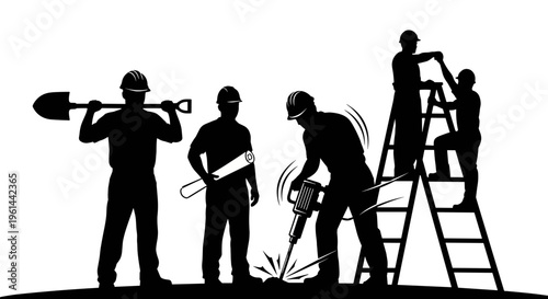 Construction workers in silhouette performing various tasks with tools