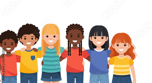 Diverse group of smiling children with arms around each other