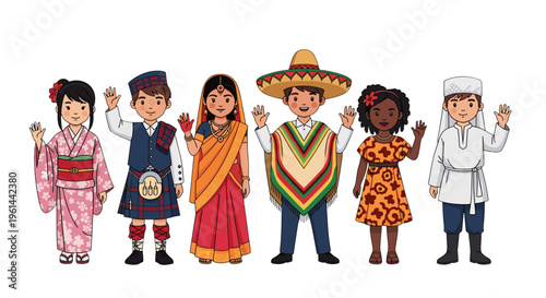 Diverse children in traditional cultural clothing waving hello unity and global