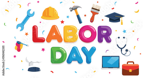 Colorful labor day celebration with diverse tools and symbols on white background