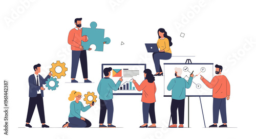 Diverse team collaborating on project strategy presenting ideas on whiteboard