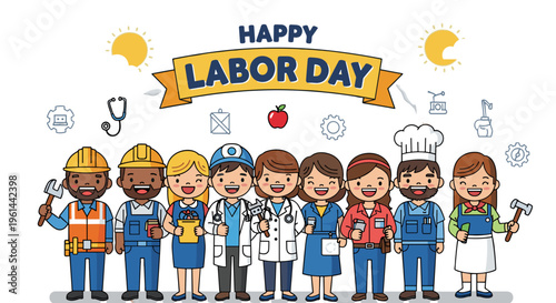 Happy labor day diverse team of cartoon professionals celebrating workers holiday
