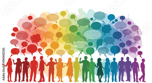Diverse group of people silhouettes communicating with colorful speech bubbles