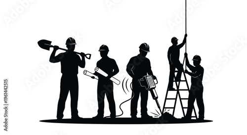 Construction workers in silhouette performing various tasks with tools on a white