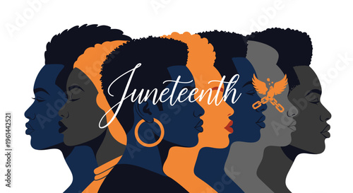Juneteenth celebration diverse black people profiles silhouette orange and blue