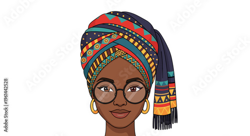 Stylish black woman with colorful turban and glasses confident expression isolated