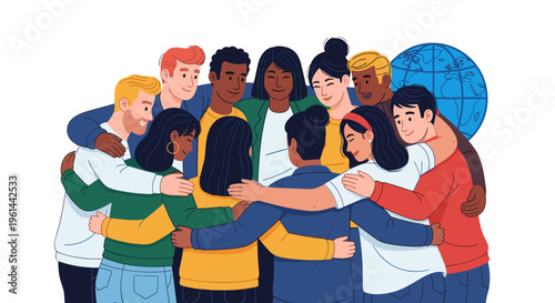 Diverse group of people hugging together in unity symbolizing global connection