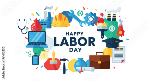 Happy labor day celebration with diverse industry tools symbols and icons on white