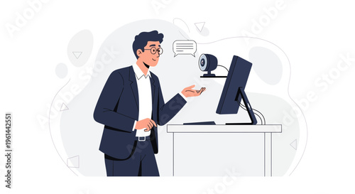 Man in suit video conferencing with webcam and computer, online communication concept