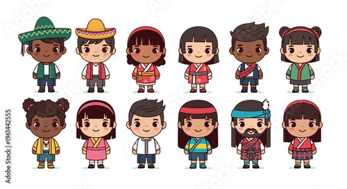 Diverse cartoon children characters in traditional cultural attire