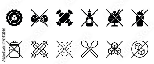 Black sugar free icon collection showing crossed out sweets, drinks, and cubes for healthy diet and no added sugar product labeling in a clean, minimalist vector graphic style