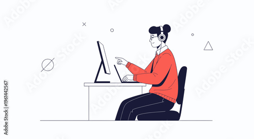 Person working on computer with headphones, modern flat illustration style