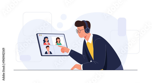 Man in headphones participating in a video conference call with colleagues