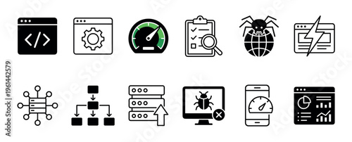 Set of black minimalist icons for web development, software testing, performance optimization, server hosting, bug fixing, and data analytics presented in a clean linear style