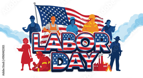 American labor day celebration with diverse workers and usa flag background