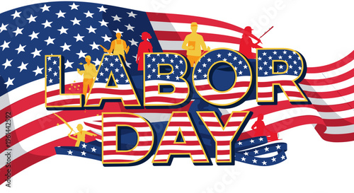 Happy labor day celebration with american flag and silhouettes of people working