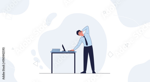 Businessman stretching neck and shoulders at office desk with laptop