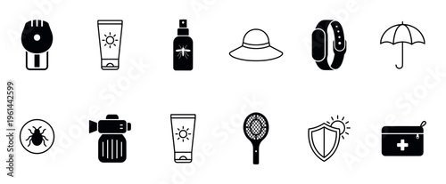 Collection of black summer vacation icons including sunscreen, mosquito repellent, a sun hat, and a first aid kit for outdoor travel and safety concepts in a minimalist glyph style