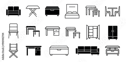 Set of black furniture icons in both solid glyph and thin line art styles, including a sofa, chair, table, bed, desk, and cabinet for interior design or household object symbols