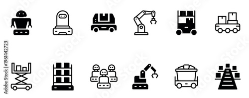 Set of black glyph icons for industrial automation, featuring various robots, automated guided vehicles, robotic arms, and warehouse logistics equipment for smart factory systems