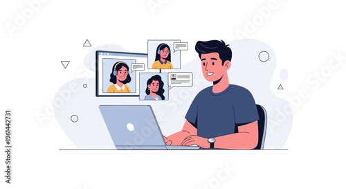 Man on Video Call with Colleagues, Remote Work Concept, Online Communication