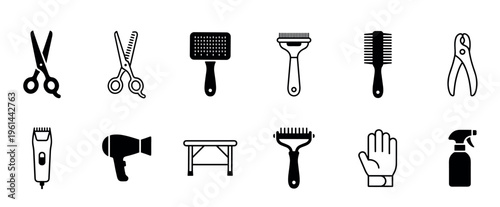 Black pet grooming tool icon collection showing various equipment like scissors, clippers, brushes, and a table for animal care and hygiene in a minimalist glyph style
