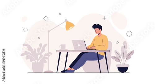 Man working on laptop at desk with plants and lamp, remote work concept