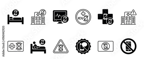 Collection of no mobile phone icons illustrating restrictions in medical facilities and sensitive areas, presented as clear black and white glyphs for cautionary signage