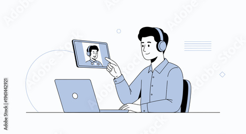 Man on video call with laptop and tablet, remote work, online communication