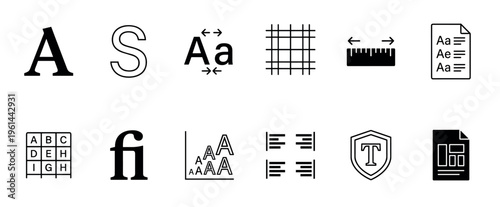 Twelve minimalist black glyph icons for typography, featuring symbols for font size, alignment, grid, kerning, ligature, and document layout design