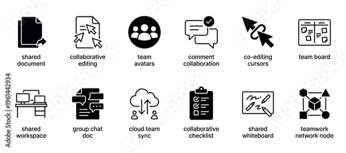 Collection of black glyph icons for team collaboration and online work, including symbols for shared documents, co-editing, chat, and cloud synchronization in a minimalist vector style
