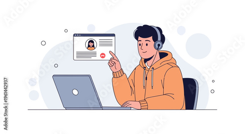 Young man with headphones on video call, online communication, remote work, education